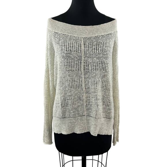 FREE PEOPLE Cream Cotton Linen Blend Long Sleeve Off The Shoulder Knit Top Sz S - Picture 1 of 8